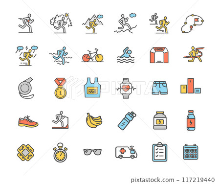 Marathon Element Color Thin Line Icon Set. Vector Marathon Element Color Thin Line Icon Set. Vector 117219440