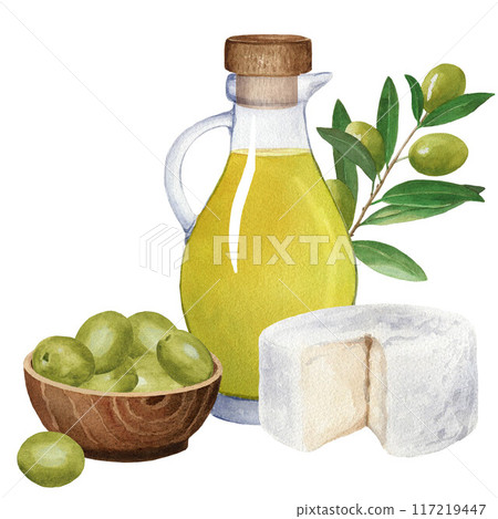Composition of glass jug with olive oil, wooden bowl with soft cheese and olive branch. Watercolor illustration on white background. For cards Composition of glass jug with olive oil, wooden bowl with soft cheese and olive branch. Watercolor illustration on white background. For cards 117219447