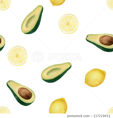 Seamless pattern with round lemon slices, whole lemons and avocado. Hand drawn watercolor illustration on white background for print, wrapper, textile Seamless pattern with round lemon slices, whole lemons and avocado. Hand drawn watercolor illustration on white background for print, wrapper, textile 117219452