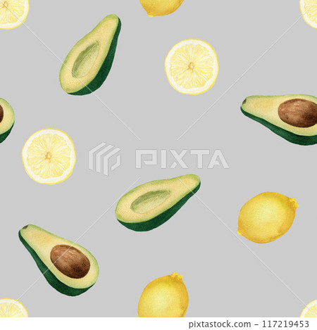 Seamless pattern with yellow round lemon slices, whole lemons and avocado. Hand drawn watercolor illustration on gray background for wrapper, textile Seamless pattern with yellow round lemon slices, whole lemons and avocado. Hand drawn watercolor illustration on gray background for wrapper, textile 117219453