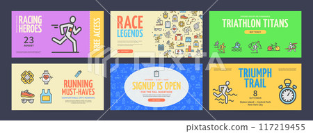 Marathon Racing Triathlon Competition Horizontal Placard Poster Banner Card Template Set. Vector Marathon Racing Triathlon Competition Horizontal Placard Poster Banner Card Template Set. Vector 117219455