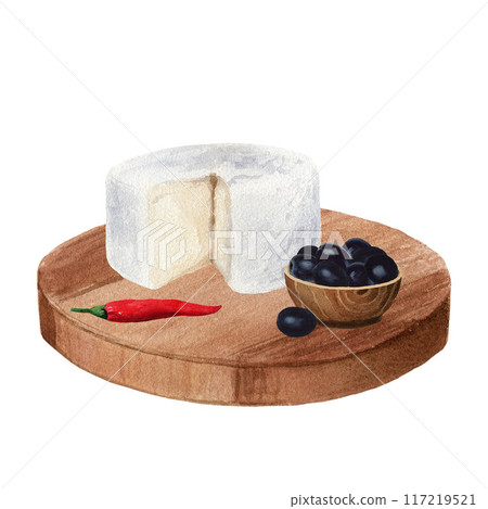 Watercolor hand drawn illustration of kitchen cutting board with soft cheese, red pepper and black olives in wood bowl. Isolated on a white background Watercolor hand drawn illustration of kitchen cutting board with soft cheese, red pepper and black olives in wood bowl. Isolated on a white background 117219521