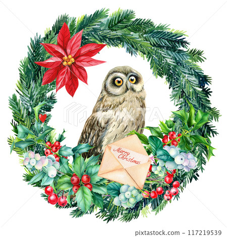 Owl watercolor illustration, Christmas decorations hand-Drawn. Christmas Greeting card, winter poster Cute owl, bird Owl watercolor illustration, Christmas decorations hand-Drawn. Christmas Greeting card, winter poster Cute owl, bird 117219539