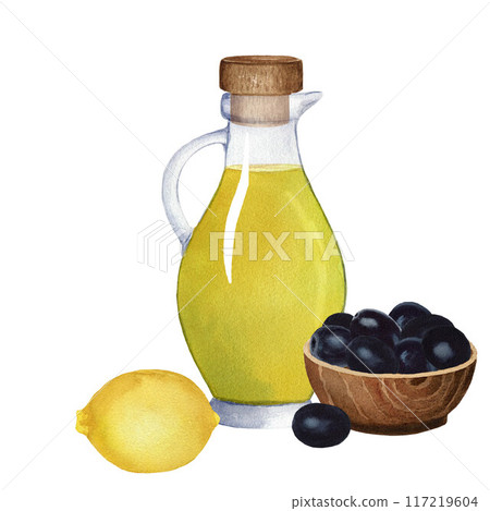 Composition of glass jug with olive oil, lemon, bowl with black olives and cork. Watercolor illustration on white background. For design, cards, logo Composition of glass jug with olive oil, lemon, bowl with black olives and cork. Watercolor illustration on white background. For design, cards, logo 117219604