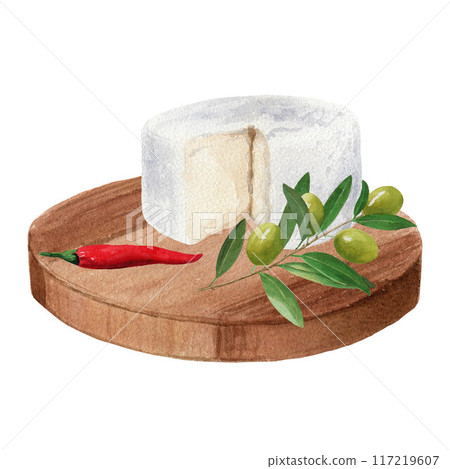 Watercolor hand drawn illustration of kitchen cutting board with soft cheese, red pepper and olive branch. For menu, label, design, cards, flyers Watercolor hand drawn illustration of kitchen cutting board with soft cheese, red pepper and olive branch. For menu, label, design, cards, flyers 117219607