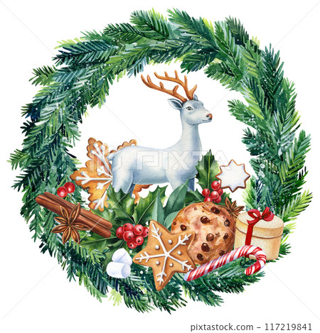 Watercolor deer, gingerbread, wreath. Christmas holiday composition, winter animal poster, Christmas decorations design Watercolor deer, gingerbread, wreath. Christmas holiday composition, winter animal poster, Christmas decorations design 117219841