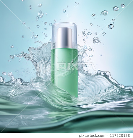 Green glass bottle of face serum on turquoise water background, skincare product for organic beauty. 117220128