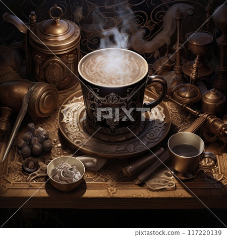 Ornate Coffee Cup and Saucer with Steam Rising from the Cup on a Table 117220139