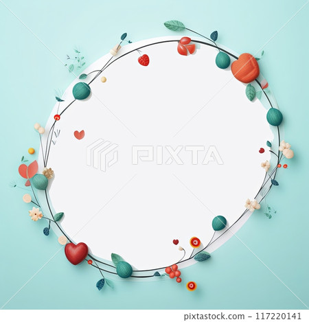 Vintage floral design elements in circular frame on vibrant blue background with retro touch 117220141