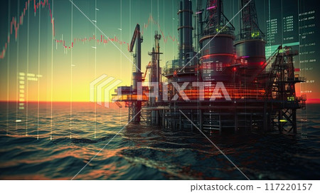 stock market charts with a offshore oil platform in the background 117220157