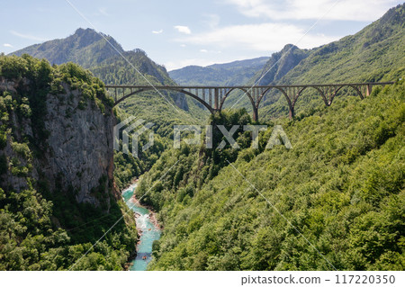 Aerial view on Djurdjevica arch bridge over the Tara River in northern Montenegro, Aerial view on Djurdjevica arch bridge over the Tara River in northern Montenegro, 117220350