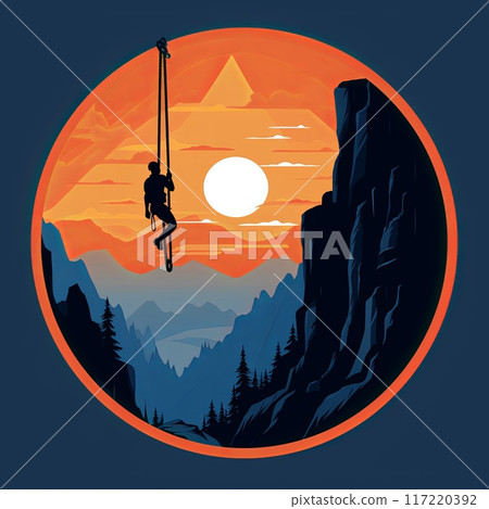 Rappelling thrill-seeker descending rugged rock formation securely with sturdy rope. 117220392