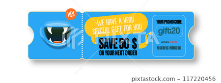 Vector Gift Voucher with Coupon Code And Cute Funny Monster Character. Kawaii Design with Happy Face Emoji. Discount Offer Graphic with Promo Code for restourant and cafe. Vector Gift Voucher with Coupon Code And Cute Funny Monster Character. Kawaii Design with Happy Face Emoji. Discount Offer Graphic with Promo Code for restourant and cafe. 117220456