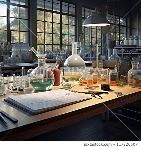 Scientist s Workstation with Various Equipment and an Open Reference Book for Research 117220507