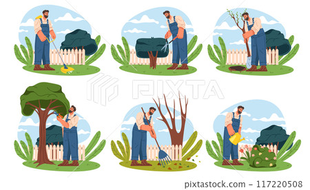 Gardener at work set. Vector garden worker 117220508