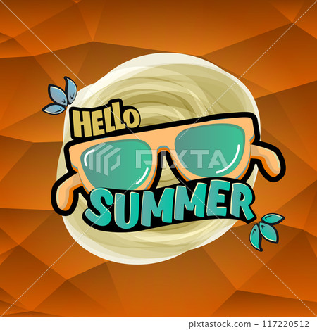 Hello Summer vector logo with text and vintage retro yellow sunglasses on red background. Hello summer illustration label, icon, print, banner template with funny cartoon sunglasses, retro vibe 117220512