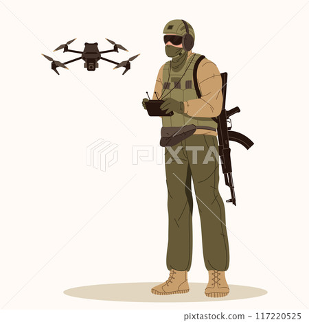 Vector soldier operating quadcopter.Drone operator 117220525