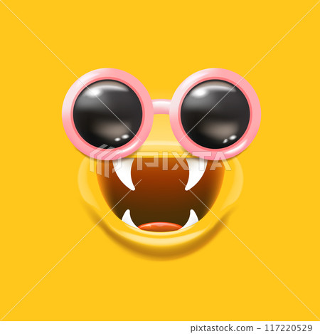 Vector Cartoon monster avatar with sunglasses, open mouth, fangs isolated on orange background. Funny and cute Halloween Monster open mouth with big vampire fangs. Bizarre face Vector Cartoon monster avatar with sunglasses, open mouth, fangs isolated on orange background. Funny and cute Halloween Monster open mouth with big vampire fangs. Bizarre face 117220529