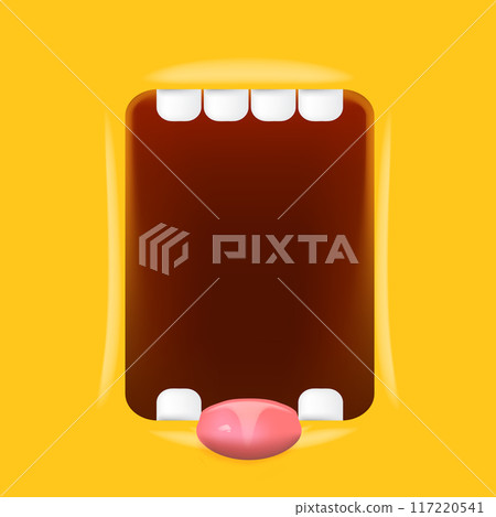 Vector Cartoon wide open mouth isolated on orange background. Funny and cute Halloween Monster open mouth with big white teeth and pink tongue 117220541