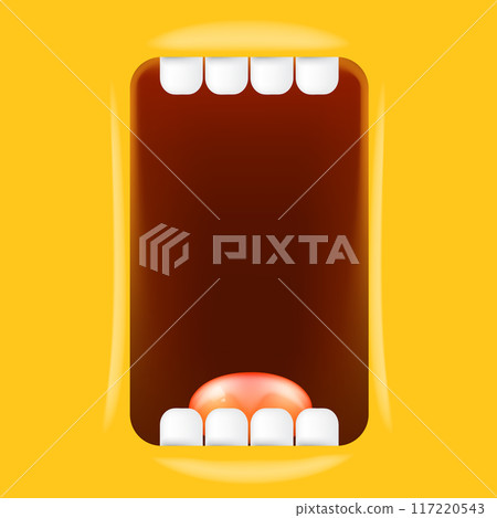 Vector Cartoon wide open mouth isolated on orange background. Funny and cute Halloween Monster open mouth with big white teeth and pink tongue Vector Cartoon wide open mouth isolated on orange background. Funny and cute Halloween Monster open mouth with big white teeth and pink tongue 117220543