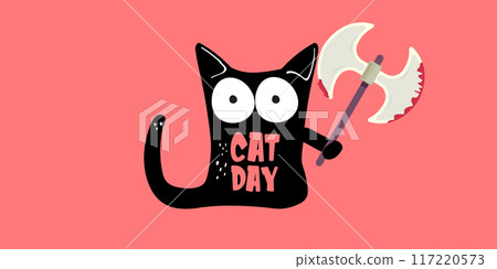 International cat day funky horizontal banner with black cat holding bloody knife isolated on pink background. World cat day funky concept illustration International cat day funky horizontal banner with black cat holding bloody knife isolated on pink background. World cat day funky concept illustration 117220573