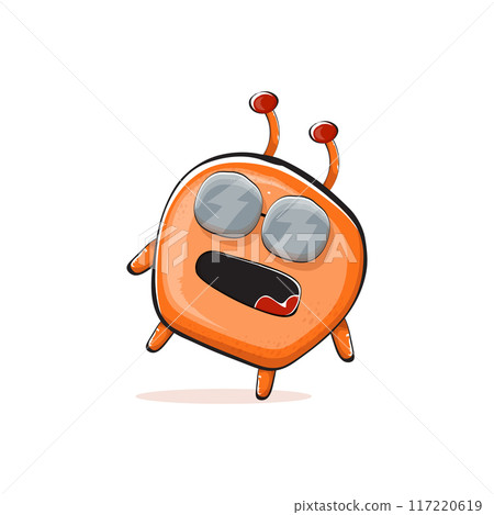 Vector cartoon funny orange alien monster isolated on transparent background. Smiling silly orange monster print sticker design template. Cute Ghost, troll, gremlin, goblin, devil and monster Vector cartoon funny orange alien monster isolated on transparent background. Smiling silly orange monster print sticker design template. Cute Ghost, troll, gremlin, goblin, devil and monster 117220619