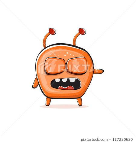 Vector cartoon funny orange alien monster isolated on transparent background. Smiling silly orange monster print sticker design template. Cute Ghost, troll, gremlin, goblin, devil and monster Vector cartoon funny orange alien monster isolated on transparent background. Smiling silly orange monster print sticker design template. Cute Ghost, troll, gremlin, goblin, devil and monster 117220620