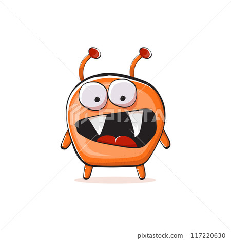 Vector cartoon funny orange alien monster isolated on transparent background. Smiling silly orange monster print sticker design template. Cute Ghost, troll, gremlin, goblin, devil and monster 117220630