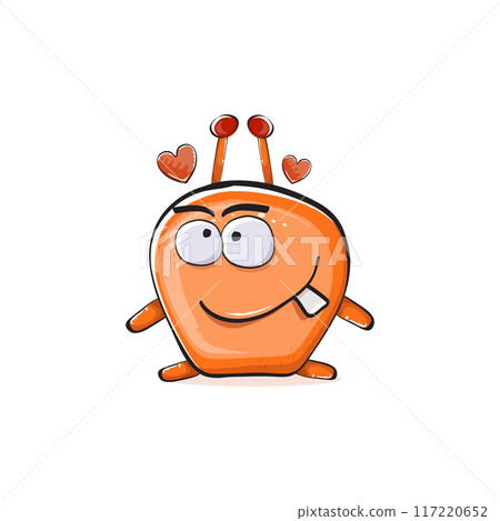Vector cartoon funny orange alien monster isolated on transparent background. Smiling silly orange monster print sticker design template. Cute Ghost, troll, gremlin, goblin, devil and monster 117220652