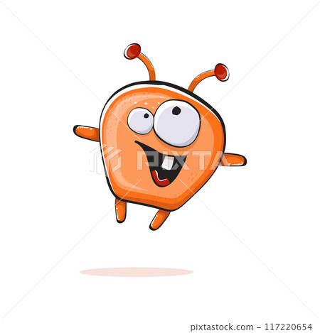 Vector cartoon funny orange alien monster isolated on transparent background. Smiling silly orange monster print sticker design template. Cute Ghost, troll, gremlin, goblin, devil and monster 117220654