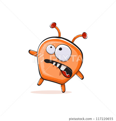 Vector cartoon funny orange alien monster isolated on transparent background. Smiling silly orange monster print sticker design template. Cute Ghost, troll, gremlin, goblin, devil and monster 117220655