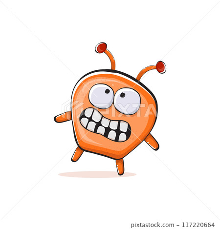 Vector cartoon funny orange alien monster isolated on transparent background. Smiling silly orange monster print sticker design template. Cute Ghost, troll, gremlin, goblin, devil and monster Vector cartoon funny orange alien monster isolated on transparent background. Smiling silly orange monster print sticker design template. Cute Ghost, troll, gremlin, goblin, devil and monster 117220664