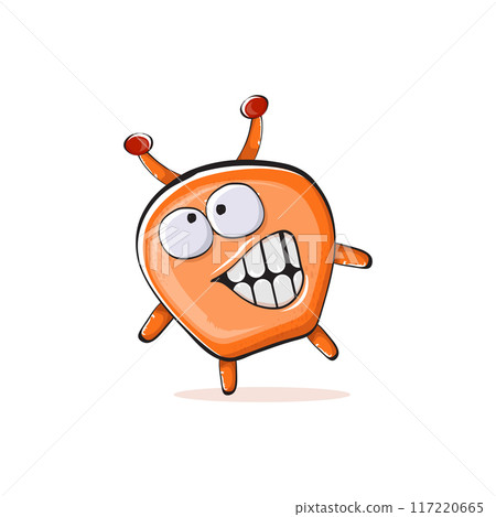 Vector cartoon funny orange alien monster isolated on transparent background. Smiling silly orange monster print sticker design template. Cute Ghost, troll, gremlin, goblin, devil and monster Vector cartoon funny orange alien monster isolated on transparent background. Smiling silly orange monster print sticker design template. Cute Ghost, troll, gremlin, goblin, devil and monster 117220665