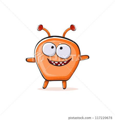 Vector cartoon funny orange alien monster isolated on transparent background. Smiling silly orange monster print sticker design template. Cute Ghost, troll, gremlin, goblin, devil and monster Vector cartoon funny orange alien monster isolated on transparent background. Smiling silly orange monster print sticker design template. Cute Ghost, troll, gremlin, goblin, devil and monster 117220678