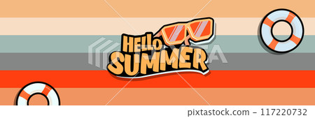 Super Hello summer vector banner with text and retro yellow sunglasses isolated on stripped background. Hello summer poster design template with cartoon sunglasses, retro rainbow, summer vibe Super Hello summer vector banner with text and retro yellow sunglasses isolated on stripped background. Hello summer poster design template with cartoon sunglasses, retro rainbow, summer vibe 117220732