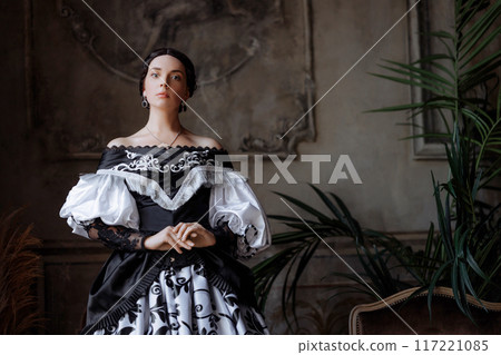 Elegant Baroque Lady in Lavish Lace Gown Elegant Baroque Lady in Lavish Lace Gown 117221085