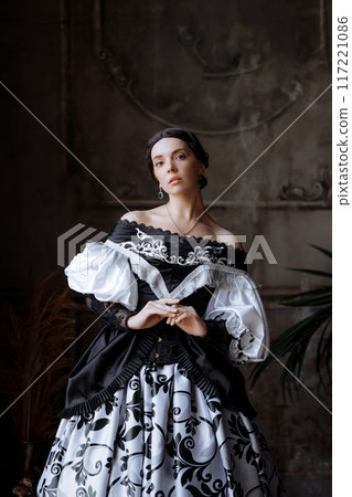 Elegant Baroque Lady in Lavish Lace Gown Elegant Baroque Lady in Lavish Lace Gown 117221086