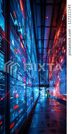 Explore a futuristic hallway, featuring vibrant neon lighting and highly reflective surfaces that enthrall 117221145