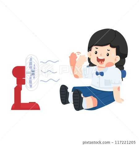 Girl is sitting on the floor with a fan 117221205