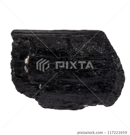 natural black tourmaline scherl on the white background natural black tourmaline scherl on the white background 117221659