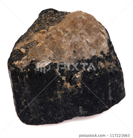 natural black tourmaline scherl on the white background natural black tourmaline scherl on the white background 117221663