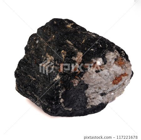 natural black tourmaline scherl on the white background natural black tourmaline scherl on the white background 117221678