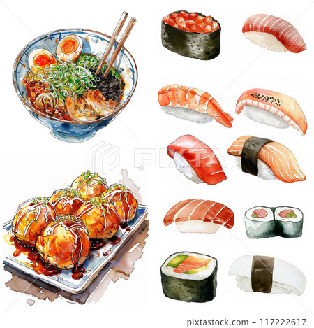 Sushi, takoyaki, ramen, tsukemen watercolor illustrations Generative AI 117222617