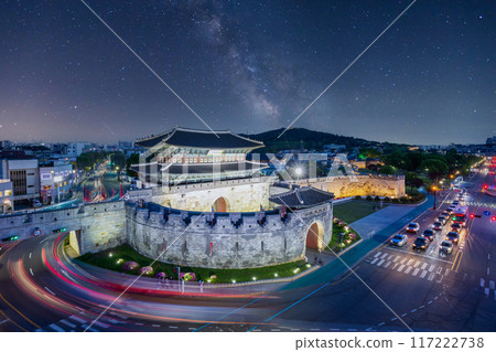 Hwaseong Fortress at night, Traditional Architecture of Korea at Suwon and the Milky Way in the background, South Korea. Hwaseong Fortress at night, Traditional Architecture of Korea at Suwon and the Milky Way in the background, South Korea. 117222738