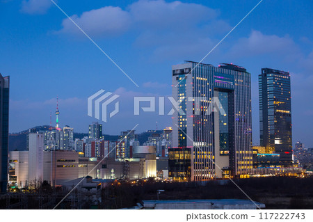 Cityscape of Seoul at night and Skyscraper at Yongsan District with Namsan Mountain in the background, Seoul, South Korea. Cityscape of Seoul at night and Skyscraper at Yongsan District with Namsan Mountain in the background, Seoul, South Korea. 117222743