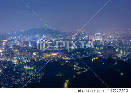 Seoul cityscape at night with Dongdaemun skyscrapers and Namsan Mountain or  N Seoul Tower in the background, Seoul, South Korea. 117222750