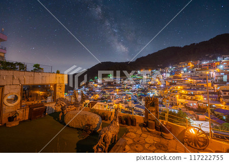 Gamcheon Culture Village at Night in Busan and the Milky Way in the background, Busan, South Korea. 117222755