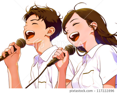 A student couple singing enthusiastically at karaoke 117222896