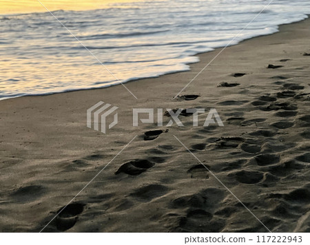 Waves and many footprints on the beach at dusk 117222943