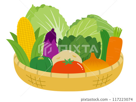 Illustration of a shallow basket full of vegetables Illustration of a shallow basket full of vegetables 117223074